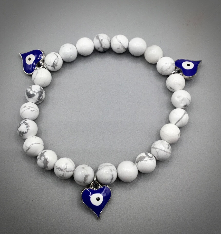 Howlite with Evil Eye Hearts - 8MM Beads