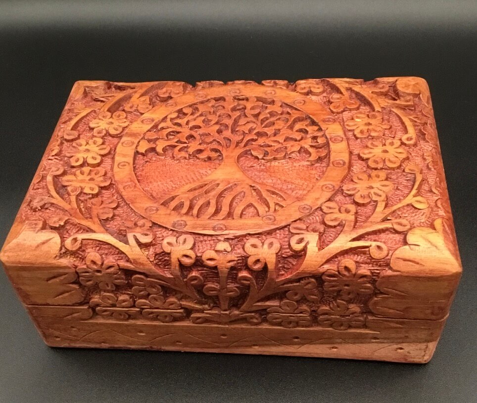 Wood Lined Box -Carved with Tree of Life