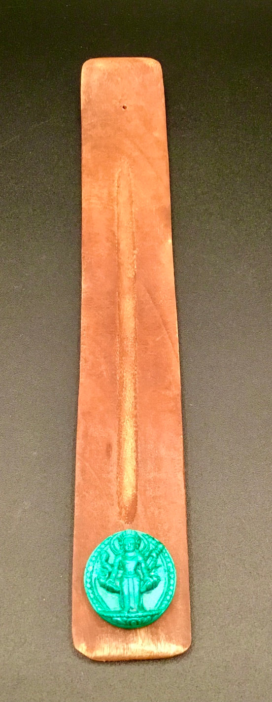 Wood Incense Holder with Turquoise Medal - Vishnu 10"