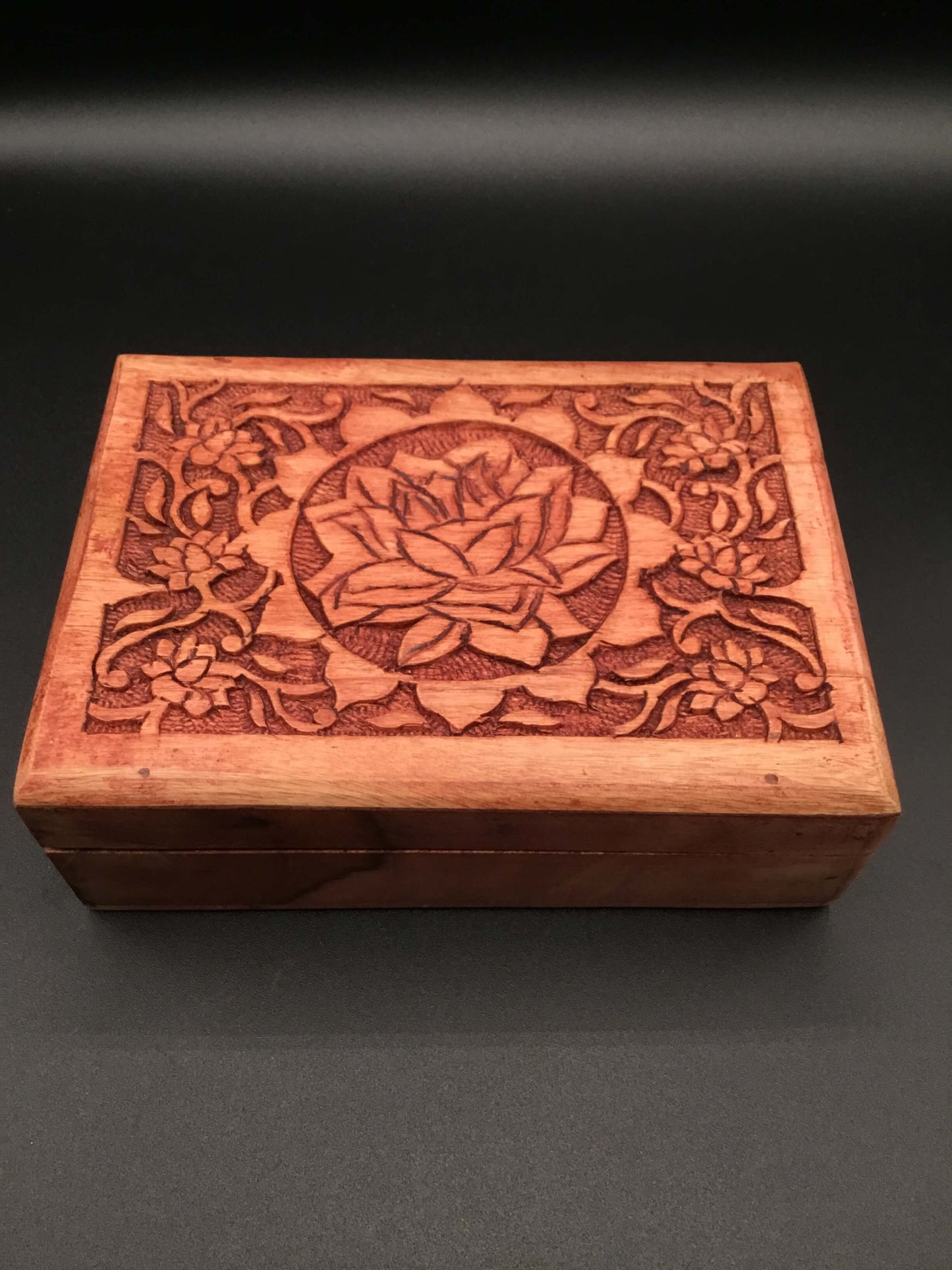 Wood Lined Box with Carved Lotus